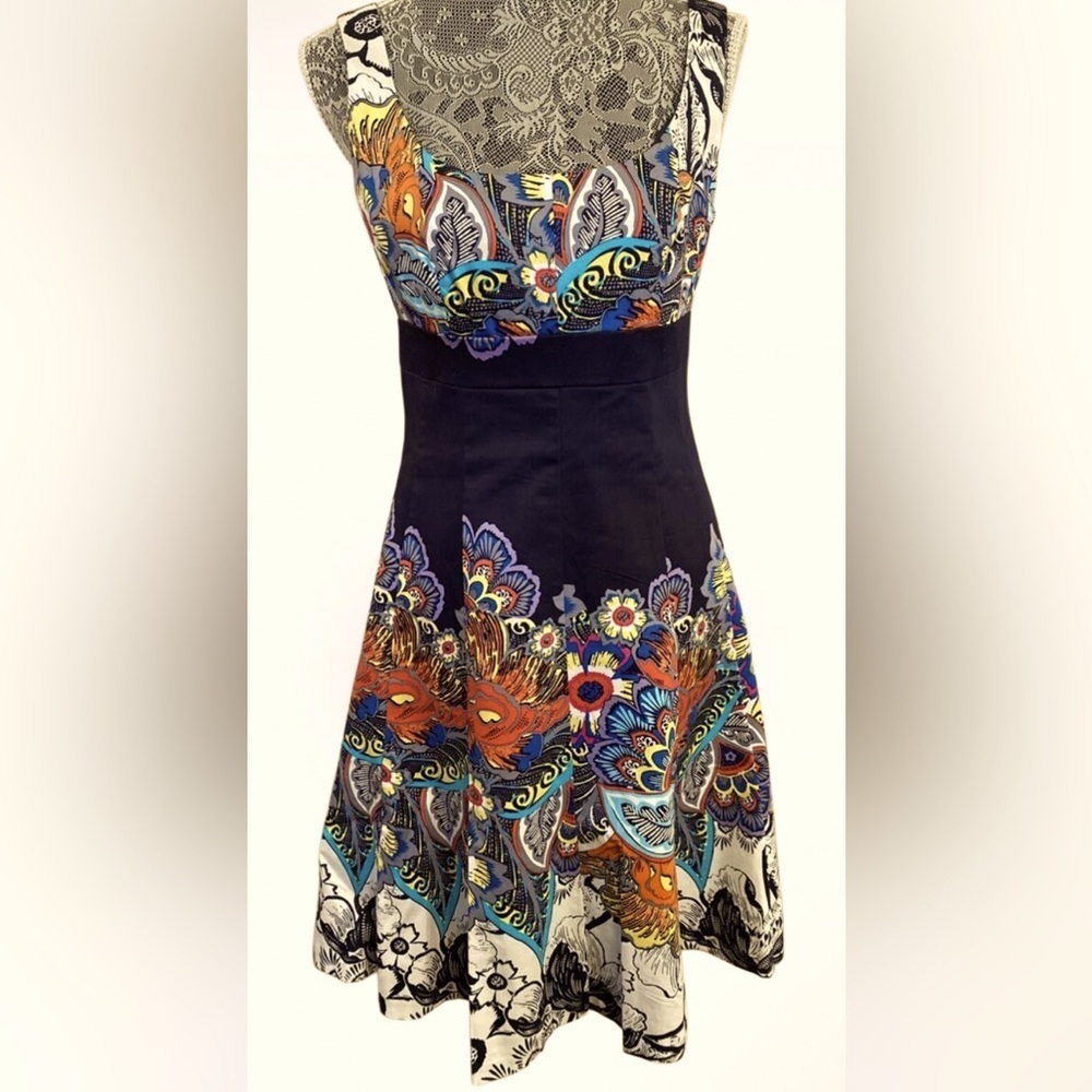 Nine West navy multi floral fitted flare dress Sz 8